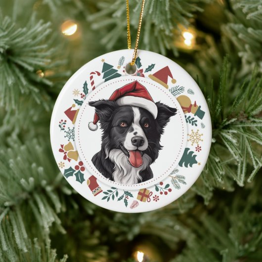 Santa Hat Border Collie Kerst Afbeeldingen krans Keramisch Ornament (Boom)