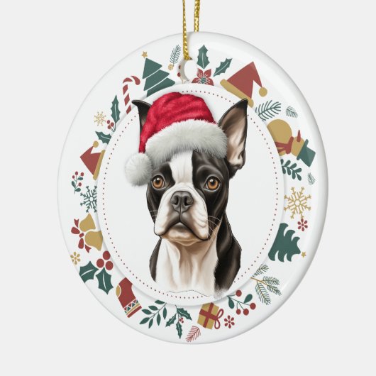 Santa Hat Boston Terrier Hond Kerstkrans Keramisch Ornament (Links)