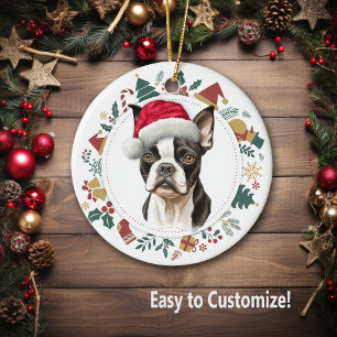 Santa Hat Boston Terrier Hond Kerstkrans Keramisch Ornament
