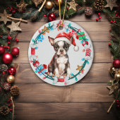 Santa Hat Boston Terrier Puppy Botkrans Keramisch Ornament