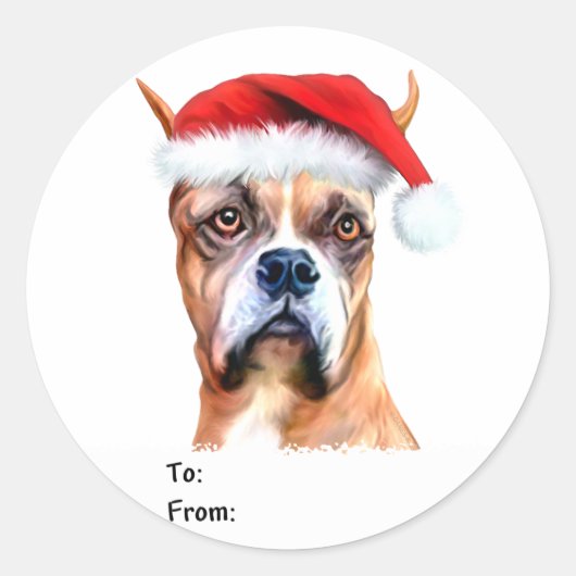 Santa Hat Boxer kerstcadeautags Ronde Sticker (Voorkant)