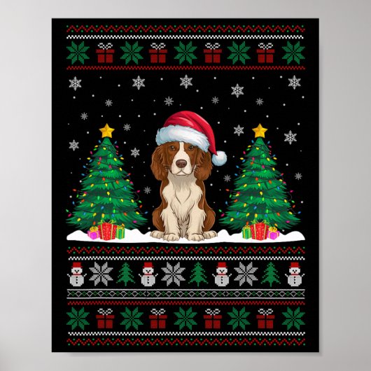 Santa Hat Brittany Spaniel Hond Xmas Tree Lights U Poster (Voorkant)