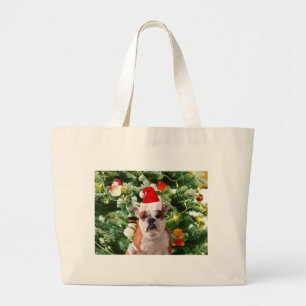Santa Hat Bulldog Kerstboom Sneeuwman Gift Box Grote Tote Bag