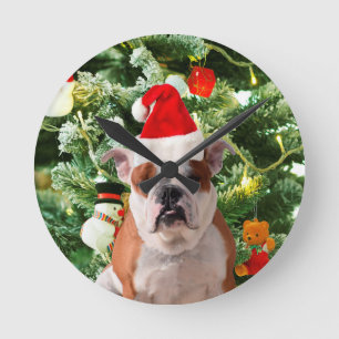 Santa Hat Bulldog Kerstboom Sneeuwman Gift Box Ronde Klok