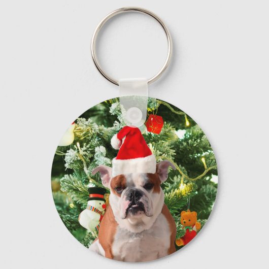 Santa Hat Bulldog Kerstboom Sneeuwman Gift Box Sleutelhanger (Voorkant)