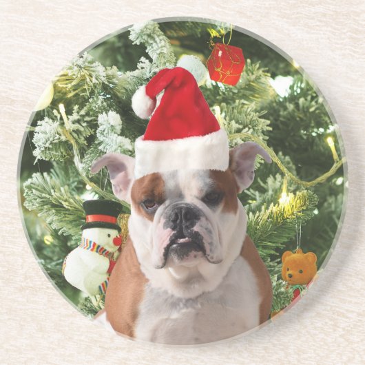 Santa Hat Bulldog Kerstboom Sneeuwman Gift Box Zandsteen Onderzetter (Voorkant)