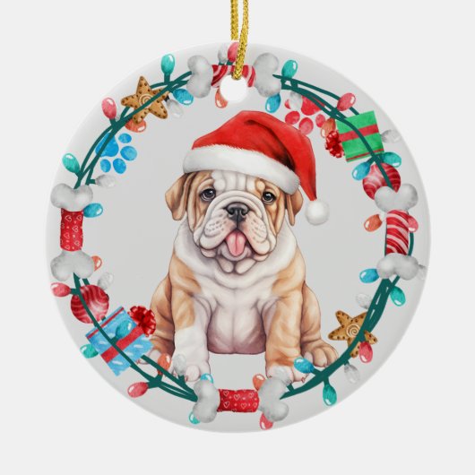 Santa Hat Bulldog Puppy Botkrans Keramisch Ornament (Voorkant)