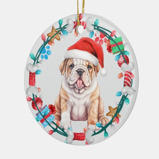 Santa Hat Bulldog Puppy Botkrans Keramisch Ornament (Links)