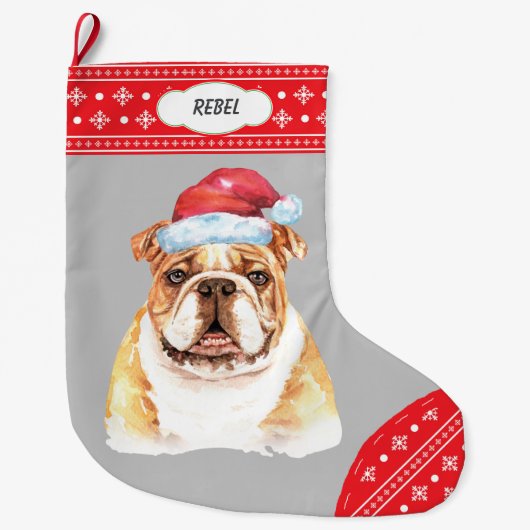 Santa Hat Bulldog Snowflake Border Grote Kerstsok (Voorkant)