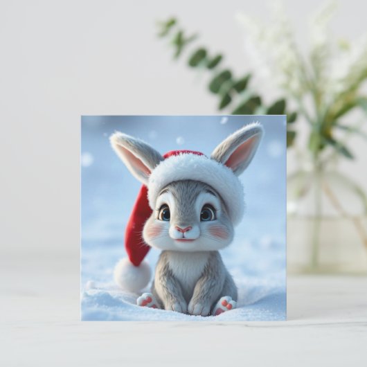 Santa Hat Bunny Christmas Wenskaart Feestdagenkaart (Staand voorkant)
