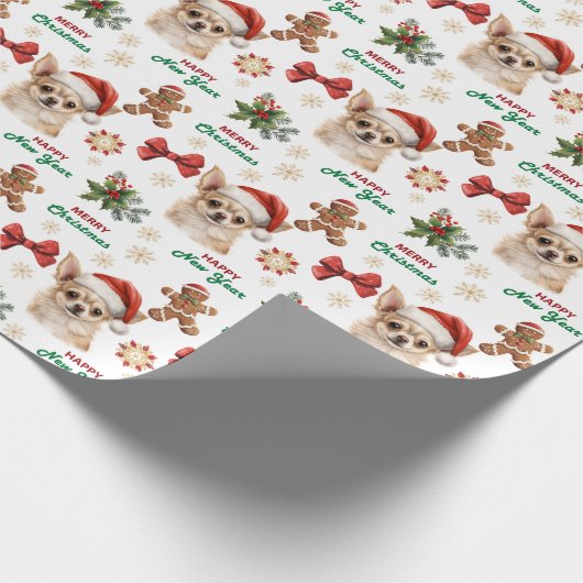 Santa Hat Chihuahua Dog Christmas Cadeaupapier (Hoek)