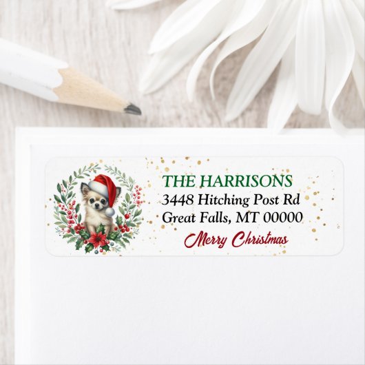 Santa Hat Chihuahua Hondenkrans Kerstmis Etiket (Insitu)