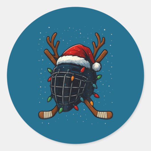 Santa Hat Christmas Ice Hockey Helmet Player Reind Ronde Sticker (Voorkant)