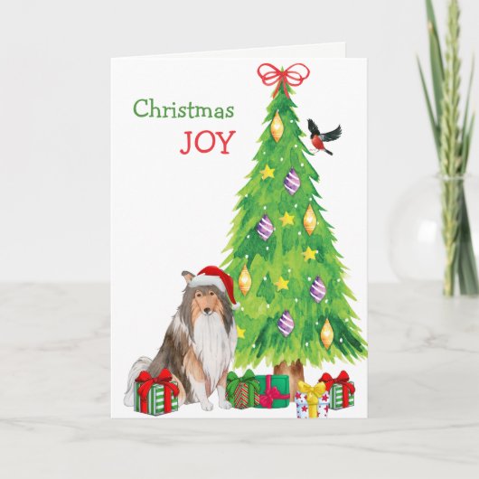 Santa Hat Collie Dog en kerstboom Feestdagen Kaart (Voorkant)