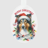 Santa Hat Collie Hond in Vakantie Licht String Ornament (voorkant)