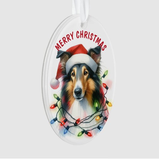 Santa Hat Collie Hond in Vakantie Licht String Ornament (voorkant)