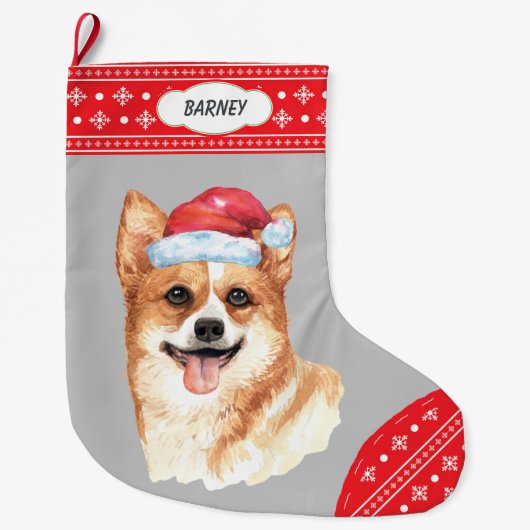 Santa Hat Corgi Sneeuwvlok Grens Grote Kerstsok (Voorkant)