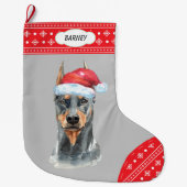 Santa Hat Doberman Snowflake Border Grote Kerstsok (Voorkant)