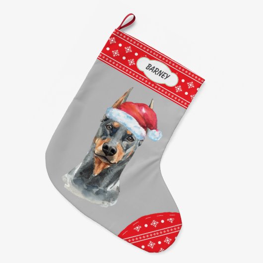 Santa Hat Doberman Snowflake Border Grote Kerstsok (Voorkant (Hangend))