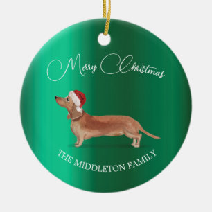 Santa Hat Dog Tan Tachshund Green Vrolijk Kerstfee Keramisch Ornament