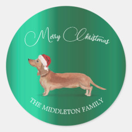 Santa Hat Dog Tan Tachshund Green Vrolijk Kerstfee Ronde Sticker