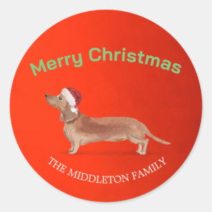 Santa Hat Dog Tan Tachshund Red Merry Christmas Ronde Sticker