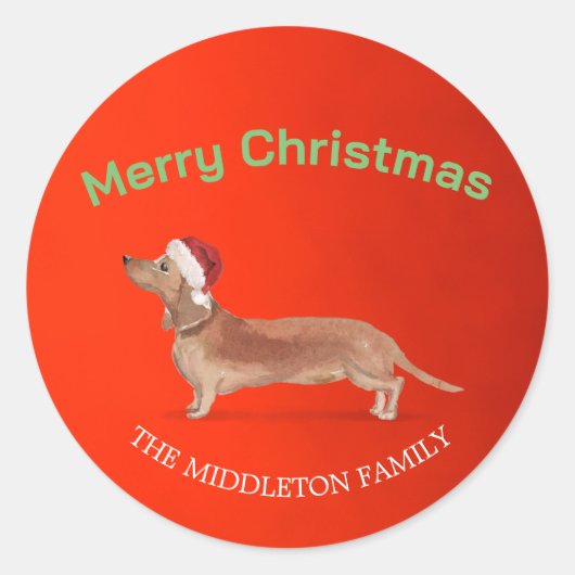 Santa Hat Dog Tan Tachshund Red Merry Christmas Ronde Sticker (Voorkant)