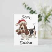 Santa Hat dragen Basset Hound gepersonaliseerd Feestdagenkaart (Staand voorkant)
