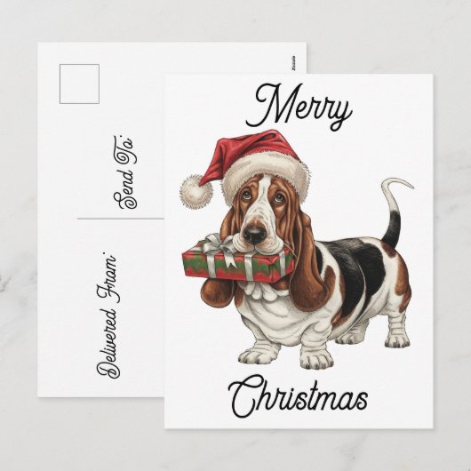 Santa Hat dragen Basset Hound gepersonaliseerd Feestdagenkaart (Voorkant / Achterkant)