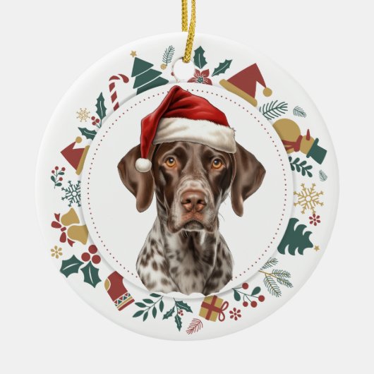 Santa Hat Duits Kortharige Pointer krans Keramisch Ornament (Voorkant)