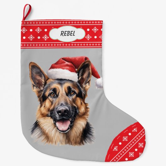 Santa Hat Duitse Herder Hond Sneeuwvlok Grens Grote Kerstsok (Voorkant)