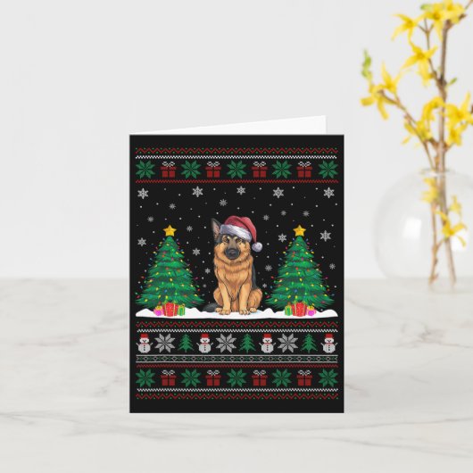 Santa Hat Duitse herder hond Xmas Tree Lights Ugl Kaart (Gele Bloem)