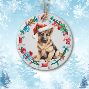 Santa Hat Duitse Herder Puppy Botkrans Keramisch Ornament