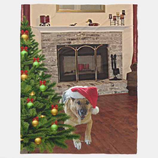 Santa Hat Duitse herdershond bij kerstboom Fleece Deken (Voorkant)