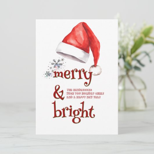 Santa Hat en Snowflakes vrolijk en helder Feestdagenkaart (Staand voorkant)