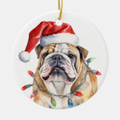 Santa Hat Engelse Bulldog Waterverf Krans Keramisch Ornament (Voorkant)