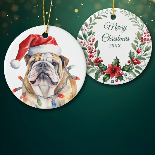 Santa Hat Engelse Bulldog Waterverf Krans Keramisch Ornament