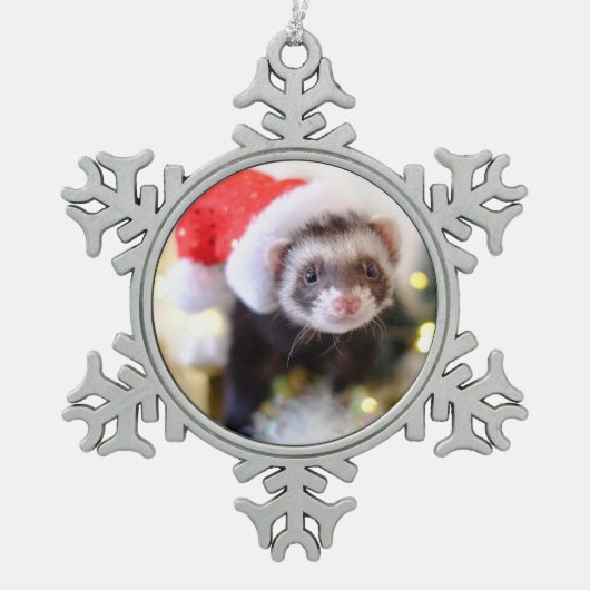 Santa Hat Ferret Kerstmis Tin Sneeuwvlok Ornament (Voorkant)