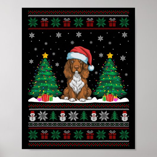 Santa Hat Field Spaniel Hond Xmas Tree Lights Ugly Poster (Voorkant)