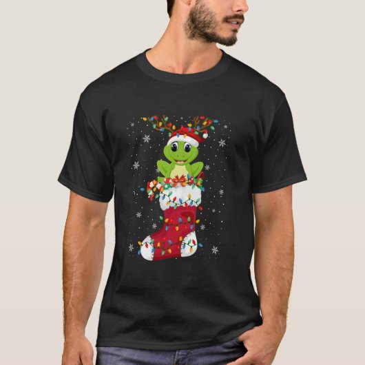 Santa Hat Frogs Animal in Sokken Xmas Tree Lights T-shirt (Voorkant)