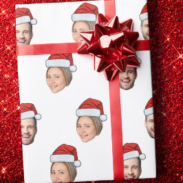 Santa Hat Gepersonaliseerd Gezicht 2 Foto Kerstcad Cadeaupapier