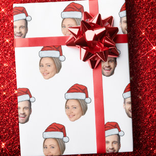 Santa Hat Gepersonaliseerd Gezicht 2 Foto Kerstcad Cadeaupapier