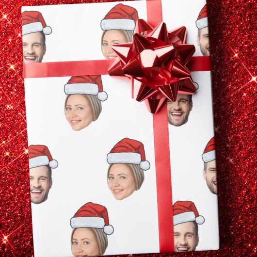 Santa Hat Gepersonaliseerd Gezicht 2 Foto Kerstcad Cadeaupapier