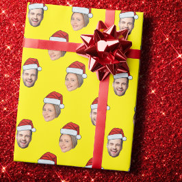 Santa Hat Gepersonaliseerd Gezicht 2 Foto Kerstcad Cadeaupapier