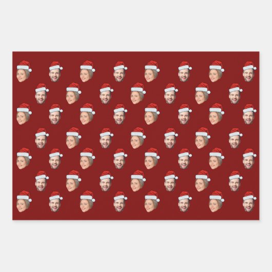 Santa Hat Gepersonaliseerd Gezicht 2 Foto Kerstcad Inpakpapier Vel (Voorkant 3)