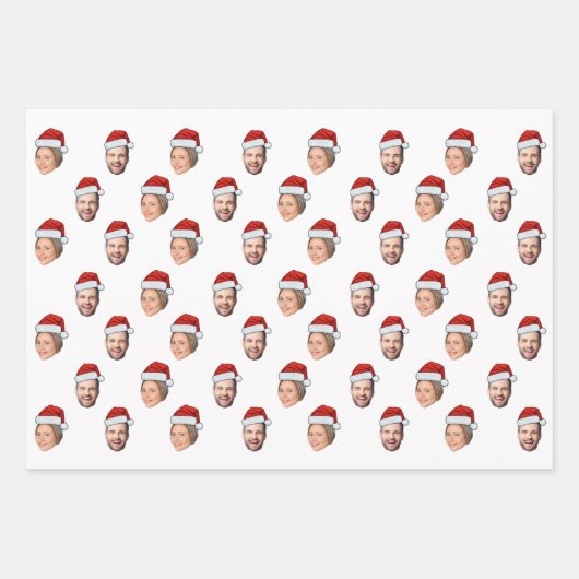 Santa Hat Gepersonaliseerd Gezicht 2 Foto Kerstcad Inpakpapier Vel (Voorkant)