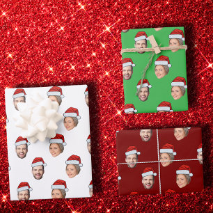 Santa Hat Gepersonaliseerd Gezicht 2 Foto Kerstcad Inpakpapier Vel