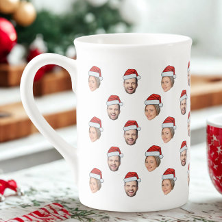 Santa Hat Gepersonaliseerd Gezicht 2 Foto Kerstcad Porselein Kop