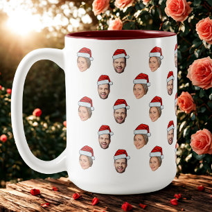 Santa Hat Gepersonaliseerd Gezicht 2 Foto Kerstcad Tweekleurige Koffiemok