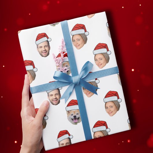 Santa Hat Gepersonaliseerd Gezicht 3 Foto Kerstcad Cadeaupapier